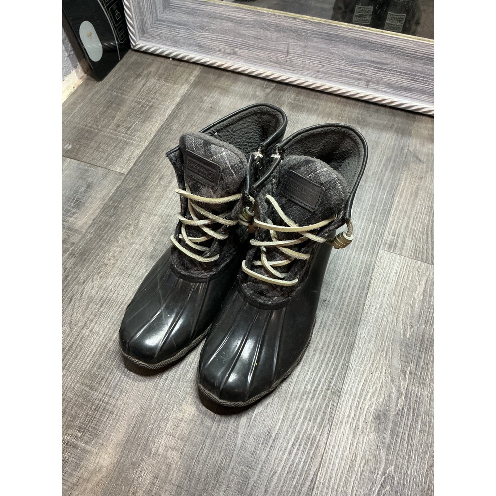 Sperry Top-Sider Saltwater Duck Boots Womens 7 Black Grey Plaid STS91005